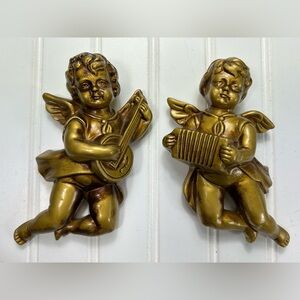 Vintage Angel Cherub Wall Art Gold Plaques 3D Hollywood Refency Set of Two